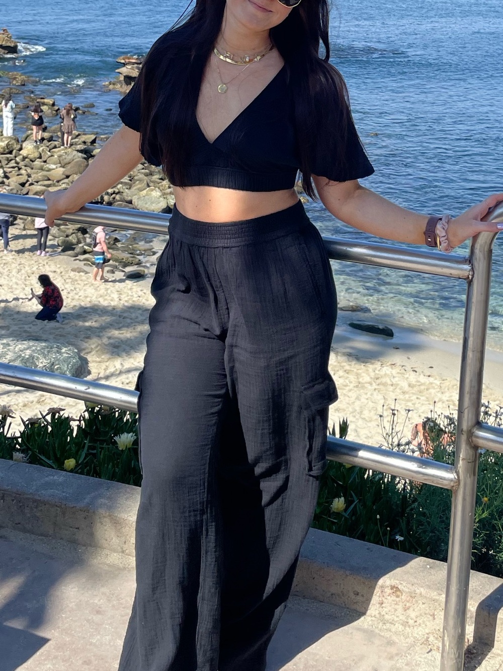 Black V-Neck Flutter Sleeve Crop Top